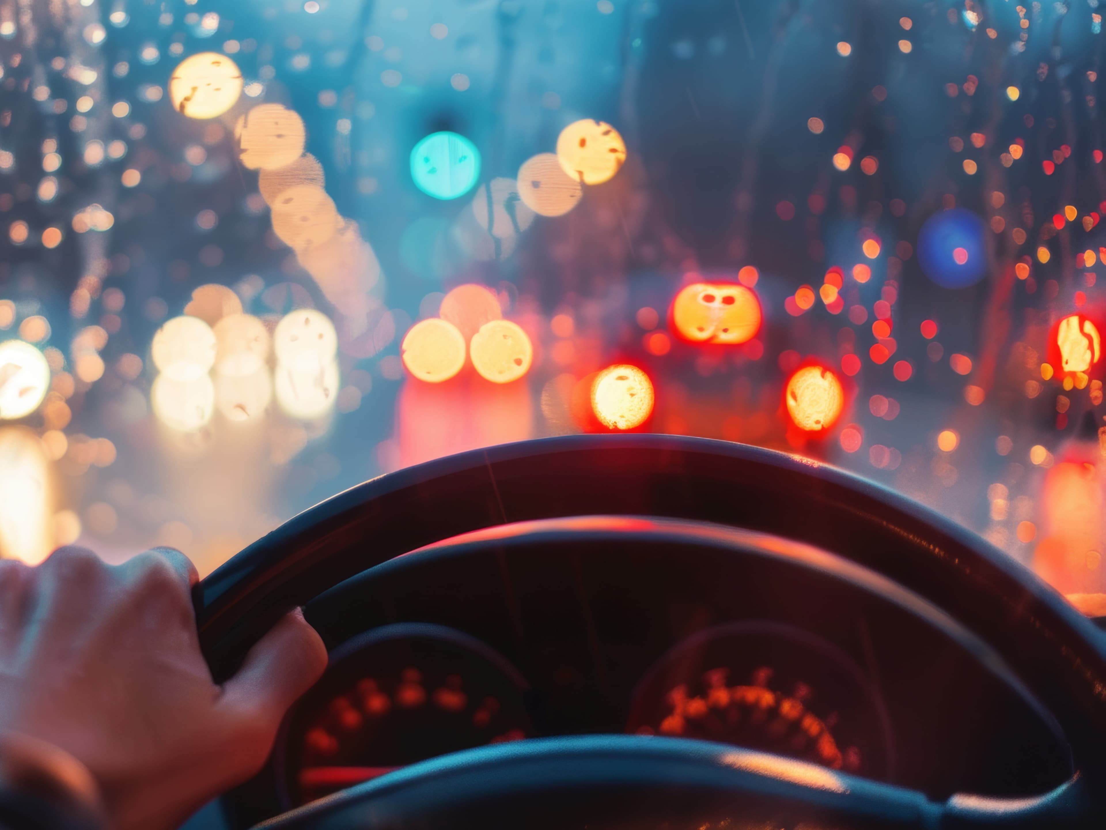 Blick durch die Windschutzscheibe eines Autos bei Regen