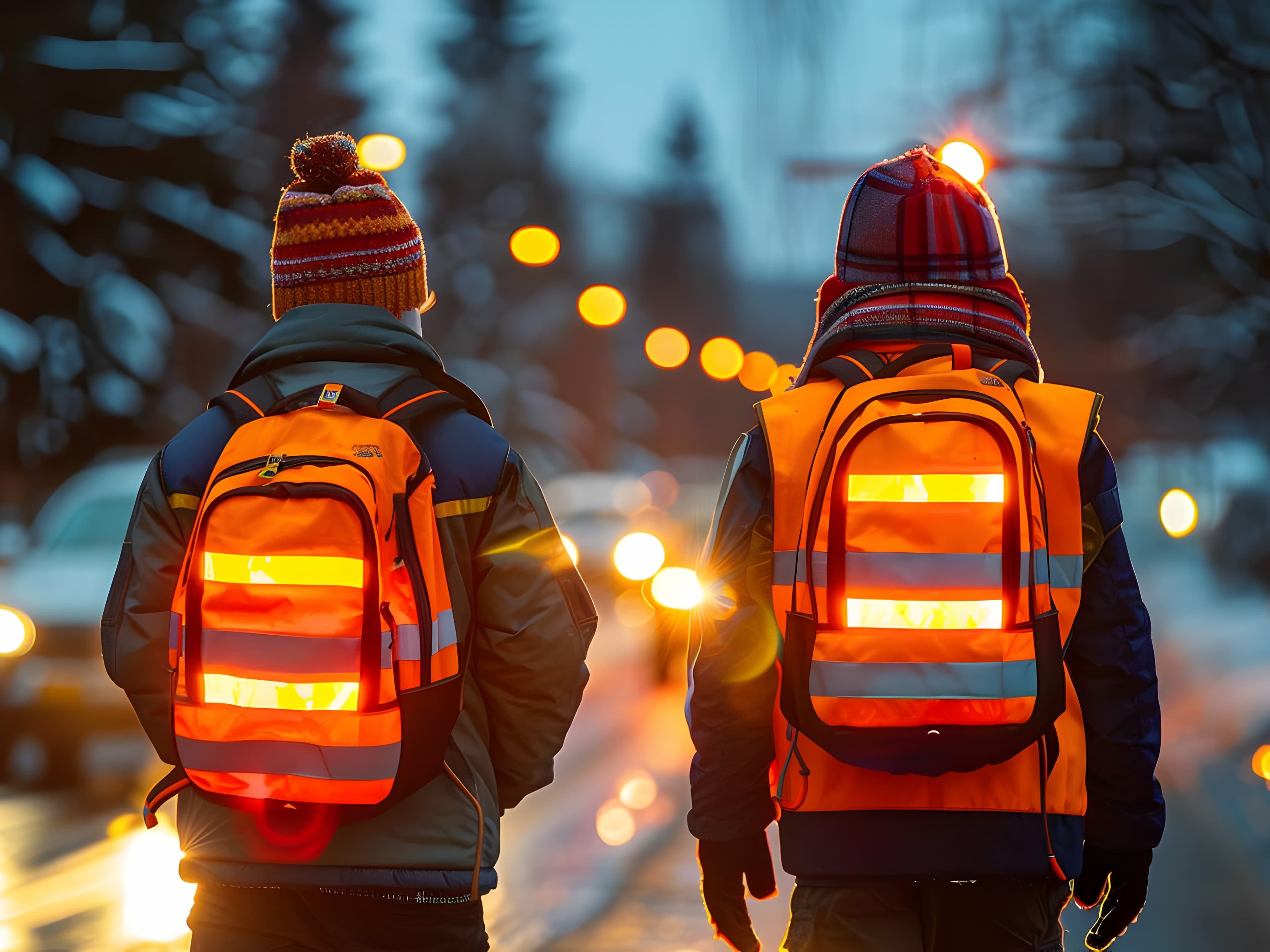 Kinder mit reflektierenden Rucksäcken auf dem Weg zur Schule