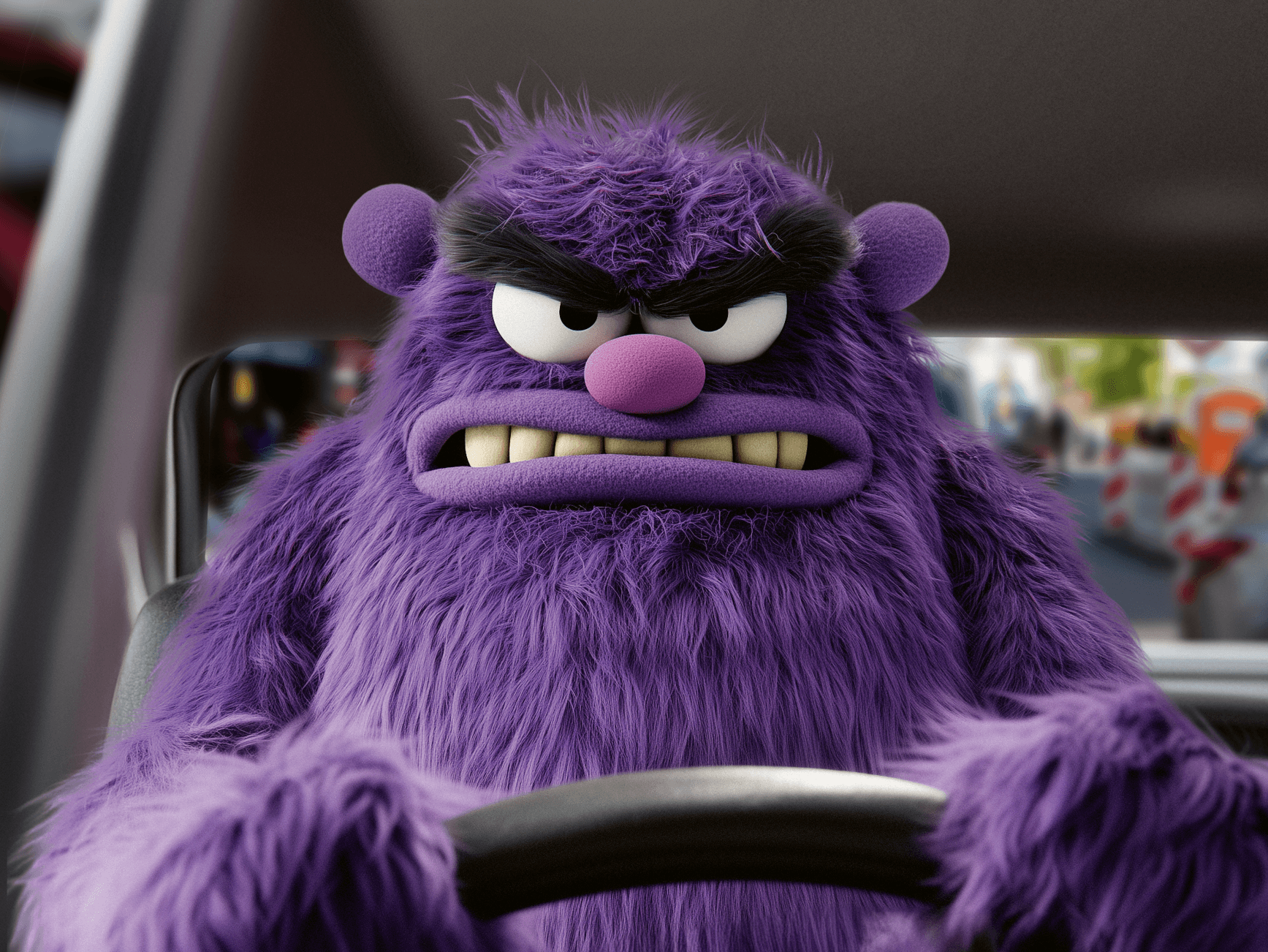 Lilafarbenes Monster mit grimmigem Blick am Lenkrad eines Autos